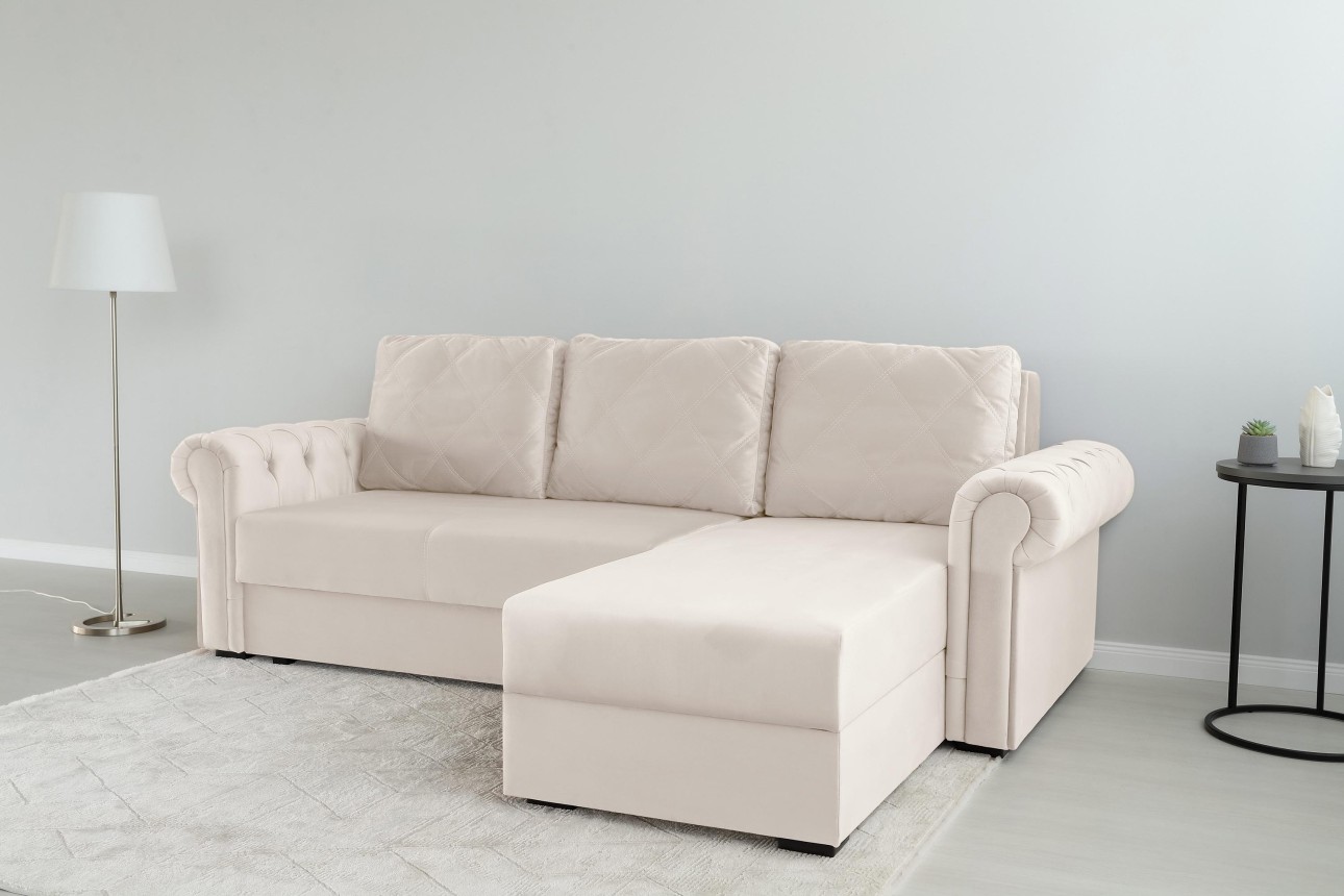 Colțar LUXURY 2, cu ladă de depozitare, 2500x1800x850 mm, suprafața dormit 2000x1600 mm.