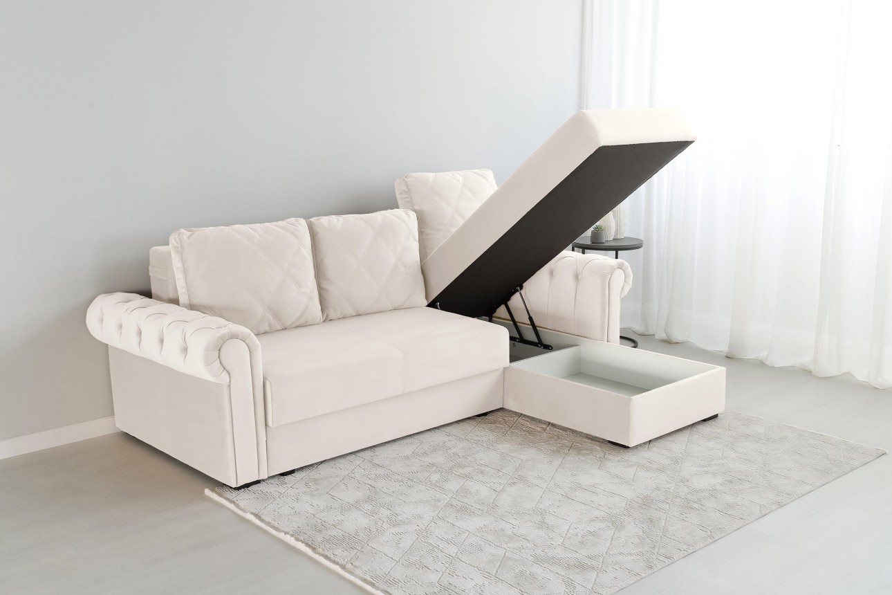 Colțar LUXURY 2, cu ladă de depozitare, 2500x1800x850 mm, suprafața dormit 2000x1600 mm.