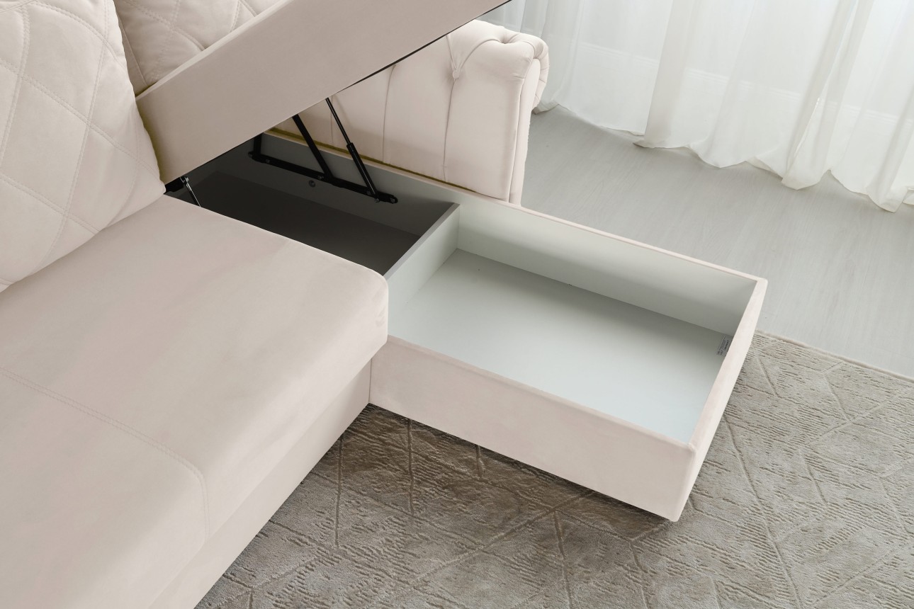 Colțar LUXURY 2, cu ladă de depozitare, 2500x1800x850 mm, suprafața dormit 2000x1600 mm.