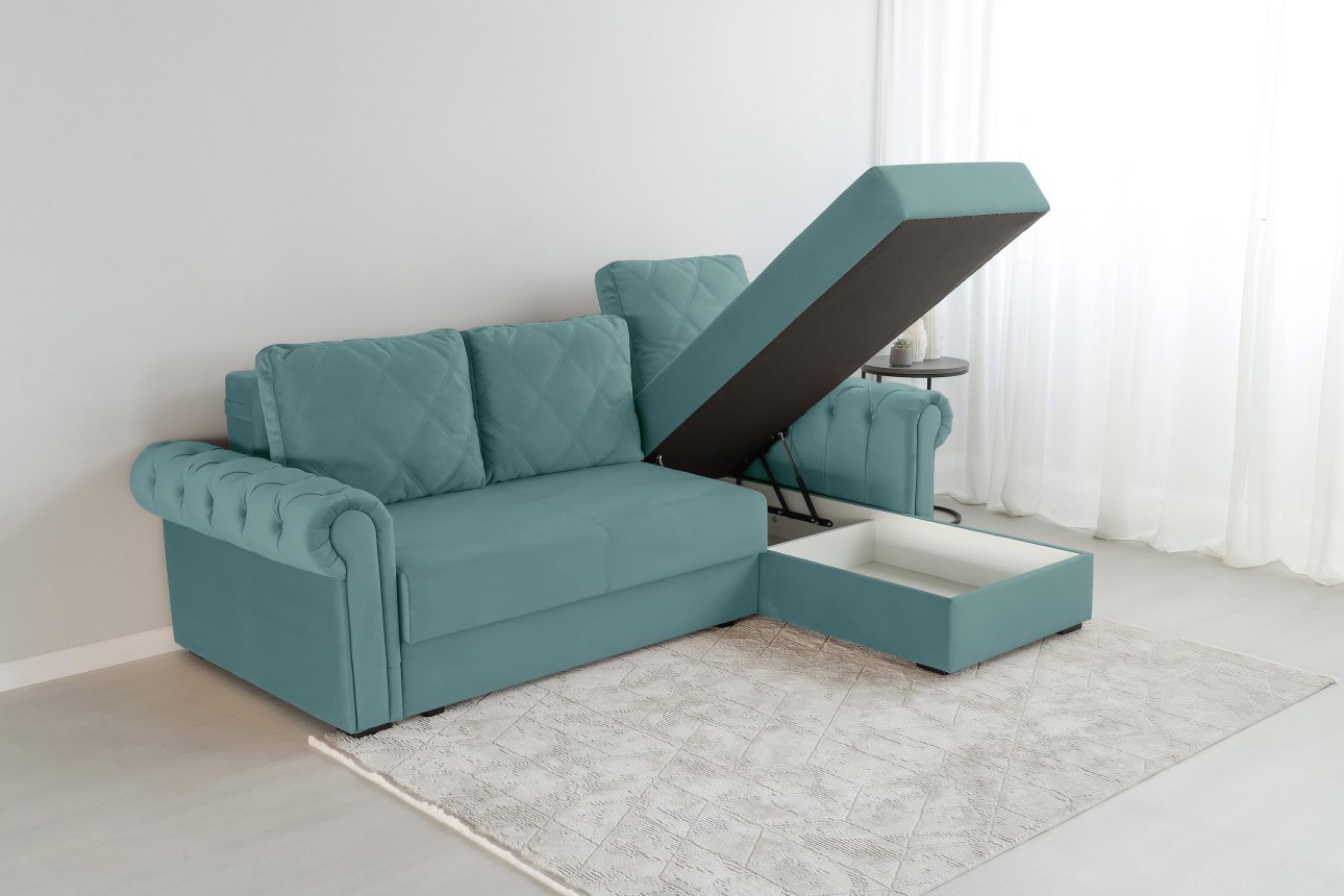Colțar LUXURY 2, cu ladă de depozitare, 2500x1800x850 mm, suprafața dormit 2000x1600 mm.