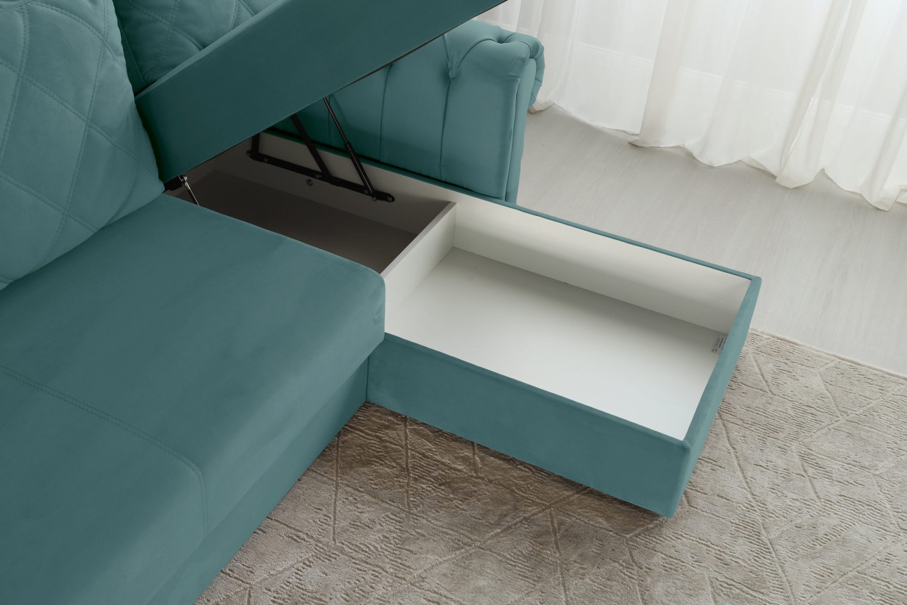 Colțar LUXURY 2, cu ladă de depozitare, 2500x1800x850 mm, suprafața dormit 2000x1600 mm.
