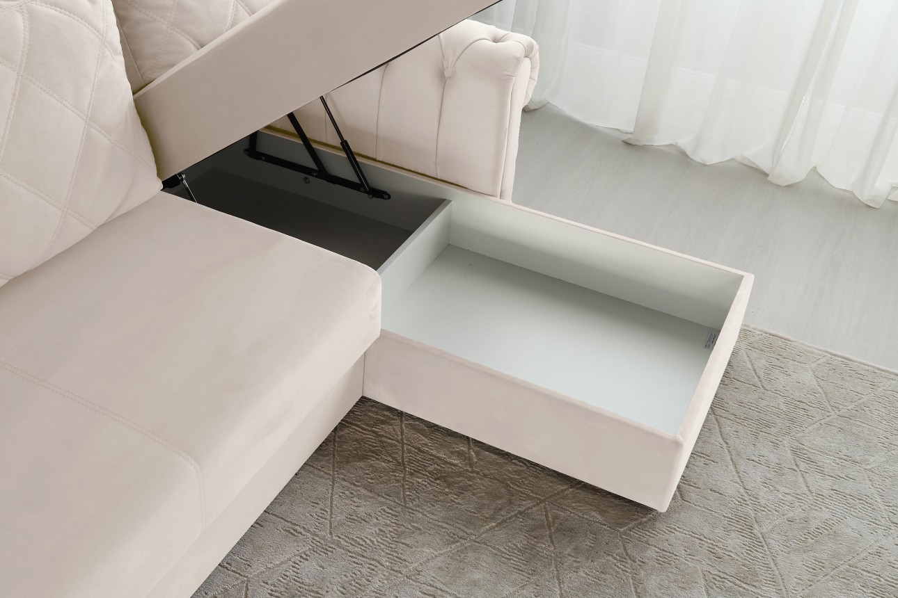 Colțar LUXURY 3, cu ladă de depozitare, 3150x1800x850 mm, suprafața dormit 2630x1600 mm.