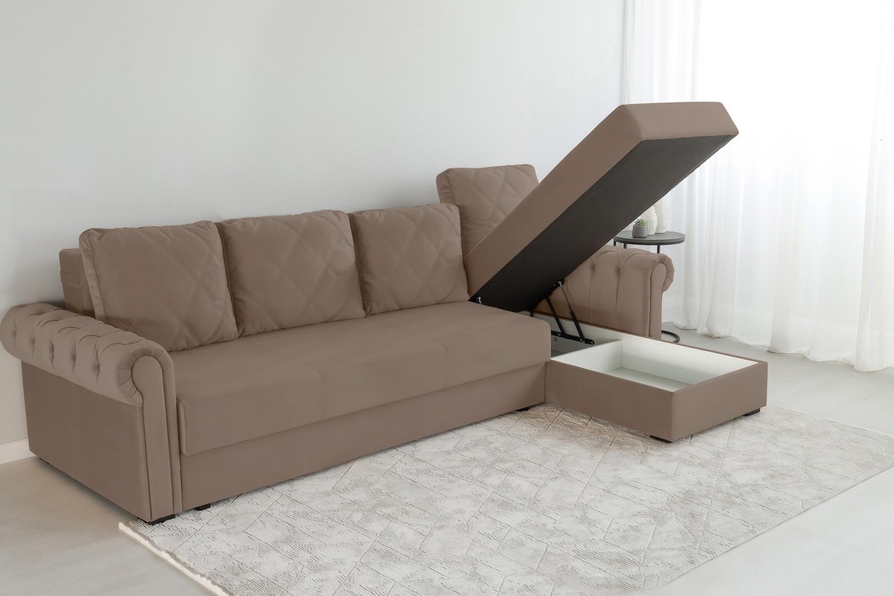 Colțar LUXURY 3, cu ladă de depozitare, 3150x1800x850 mm, suprafața dormit 2630x1600 mm.