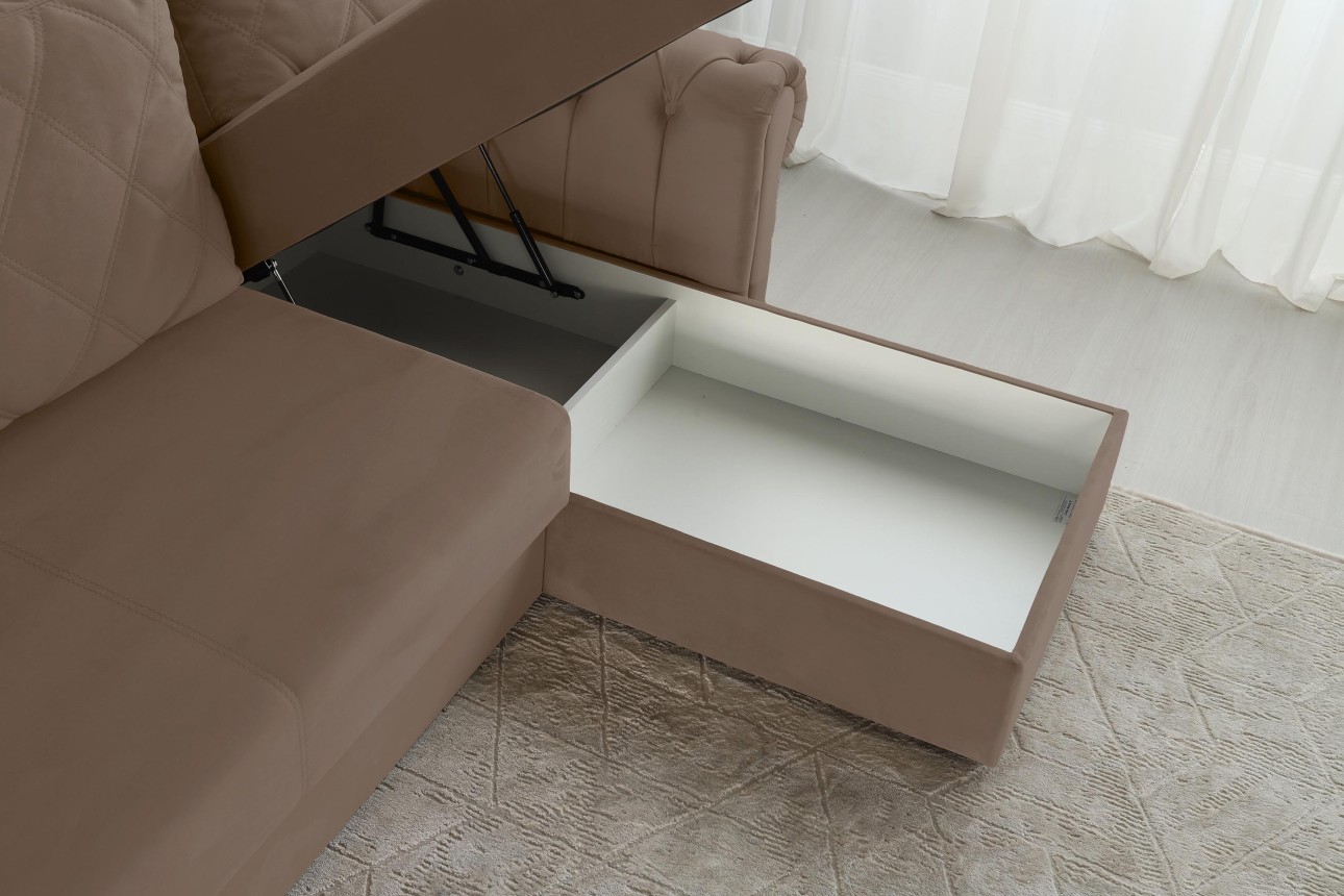 Colțar LUXURY 3, cu ladă de depozitare, 3150x1800x850 mm, suprafața dormit 2630x1600 mm.