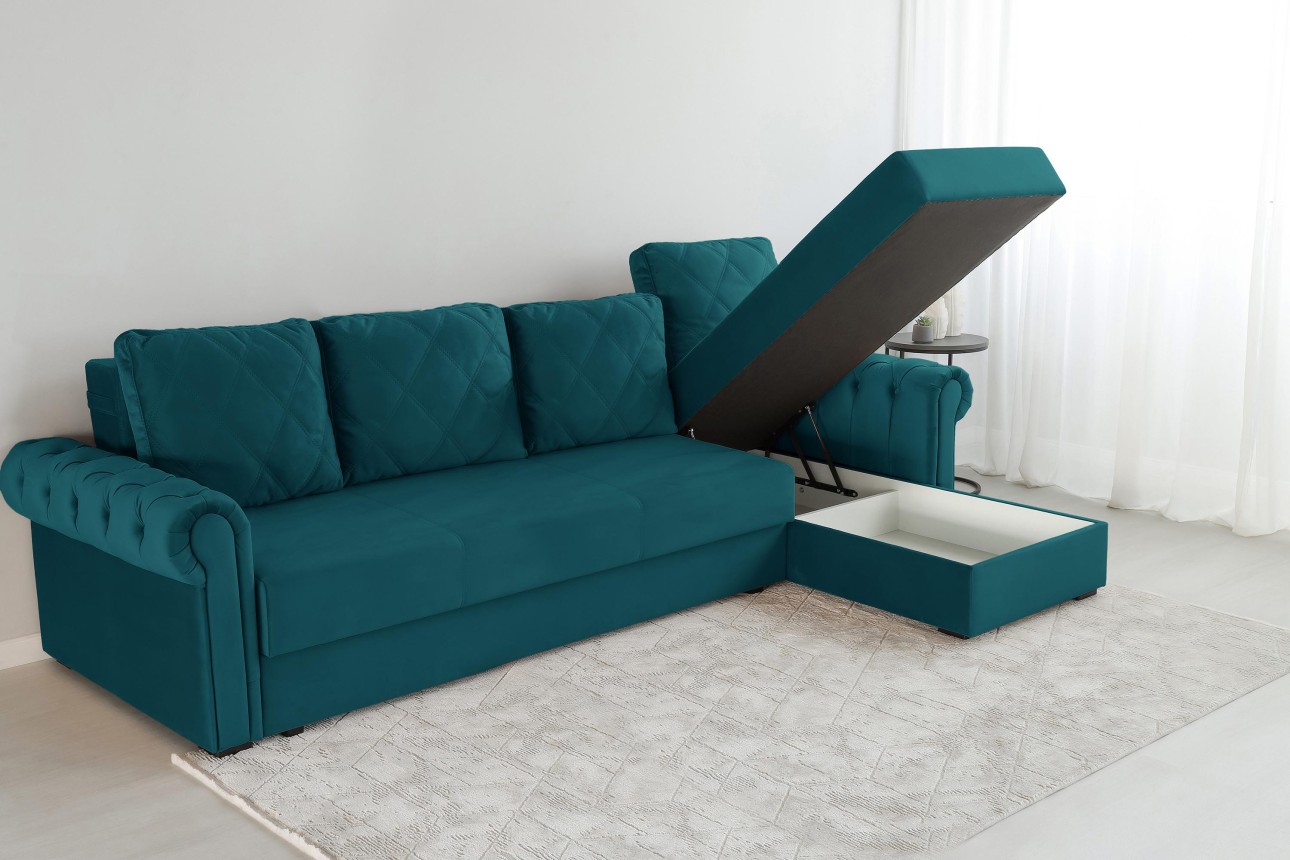 Colțar LUXURY 3, cu ladă de depozitare, 3150x1800x850 mm, suprafața dormit 2630x1600 mm.