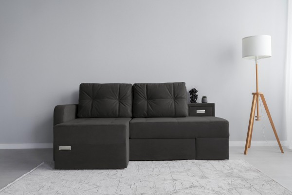 Colțar extensibil MADRID, șezlong stânga, cu ladă de depozitare, o noptieră integrată, mecanism de extindere „foarfece”, 2100x1500x850 mm, spațiu de dormit 1550x2050 mm.