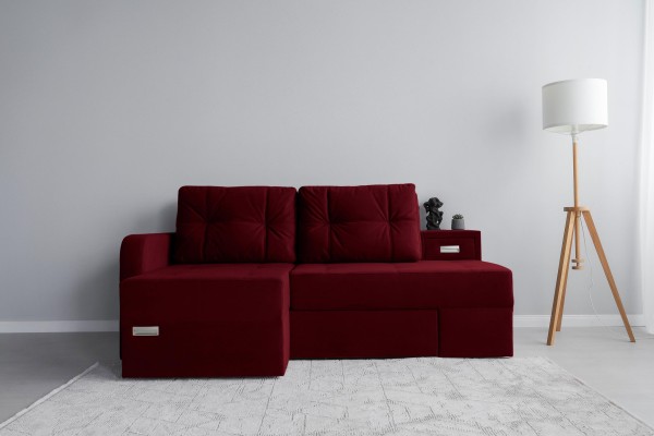 Colțar extensibil MADRID, șezlong stânga, cu ladă de depozitare, o noptieră integrată, mecanism de extindere „foarfece”, 2100x1500x850 mm, spațiu de dormit 1550x2050 mm.
