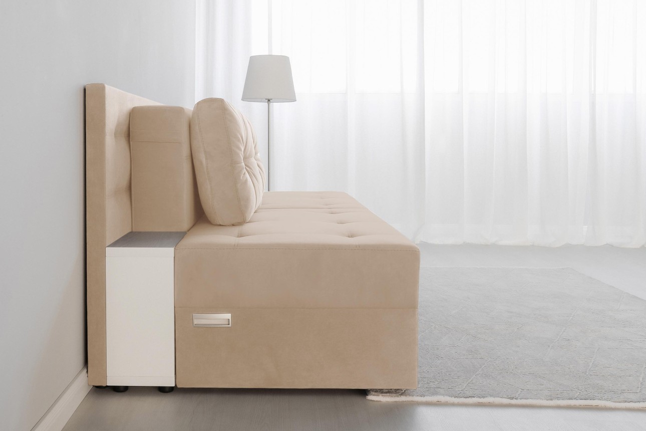 Canapea extensibilă MADRID, cu ladă de depozitare, noptiere integrate, mecanism de extindere „foarfece”, 2350x1050x1000 mm, spațiu de dormit 1550x2050 mm.