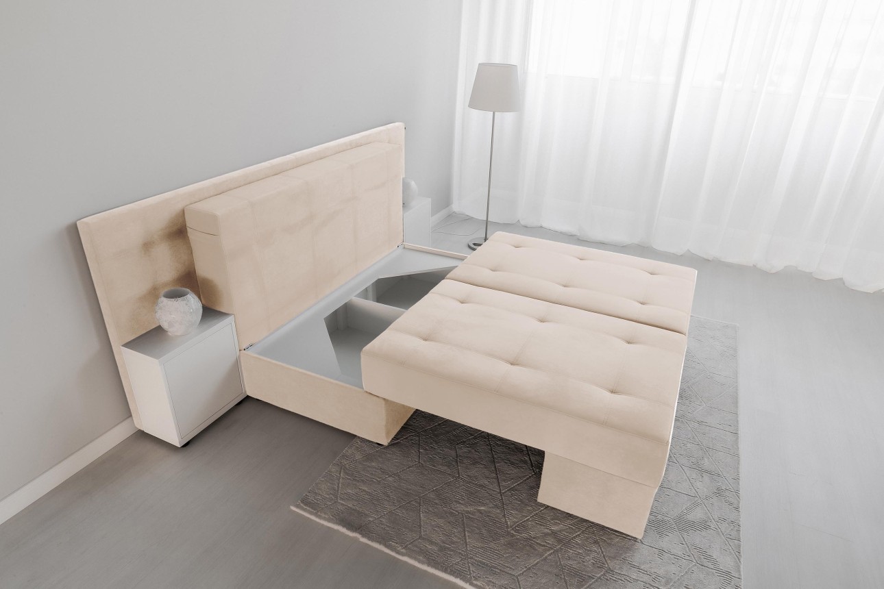 Canapea extensibilă MADRID, cu ladă de depozitare, noptiere integrate, mecanism de extindere „foarfece”, 2350x1050x1000 mm, spațiu de dormit 1550x2050 mm.