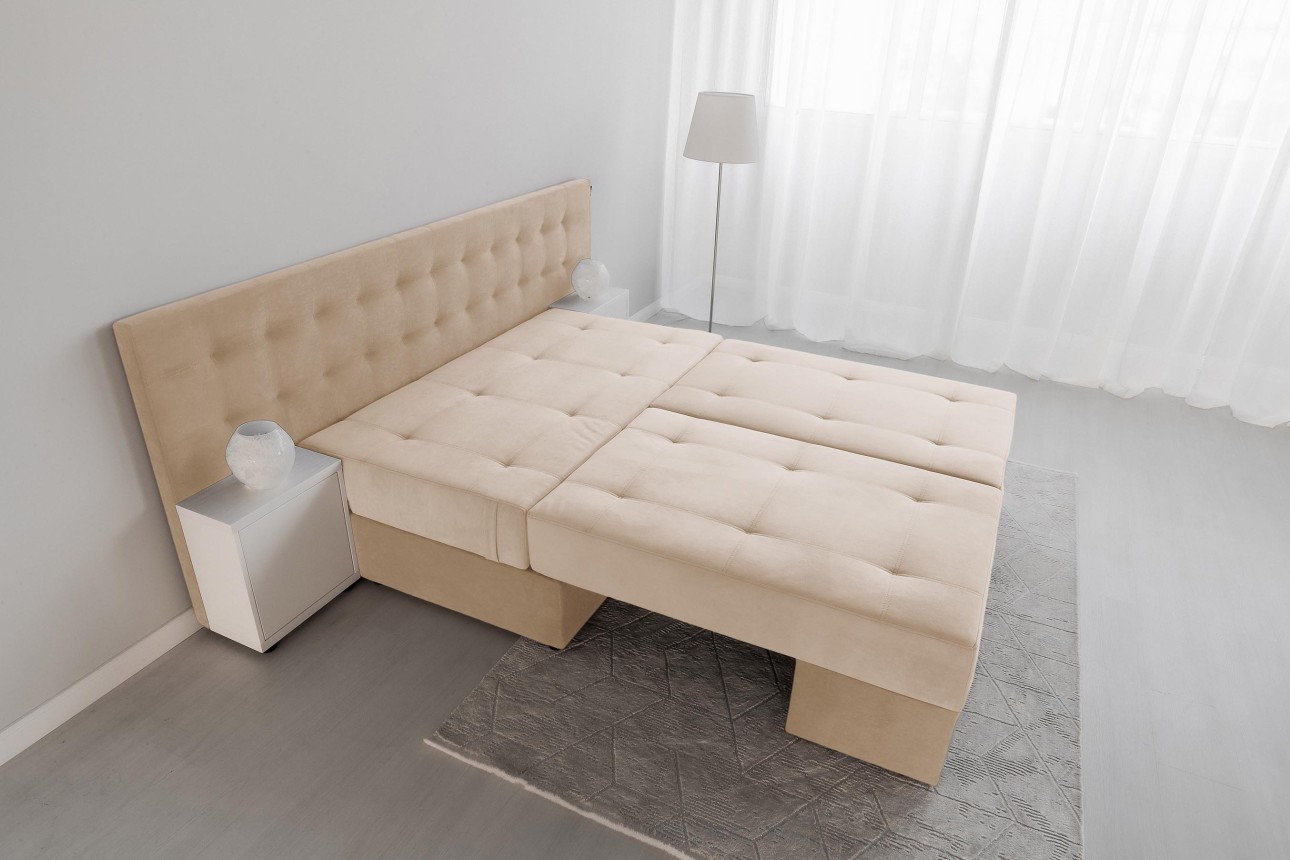 Canapea extensibilă MADRID, cu ladă de depozitare, noptiere integrate, mecanism de extindere „foarfece”, 2350x1050x1000 mm, spațiu de dormit 1550x2050 mm.
