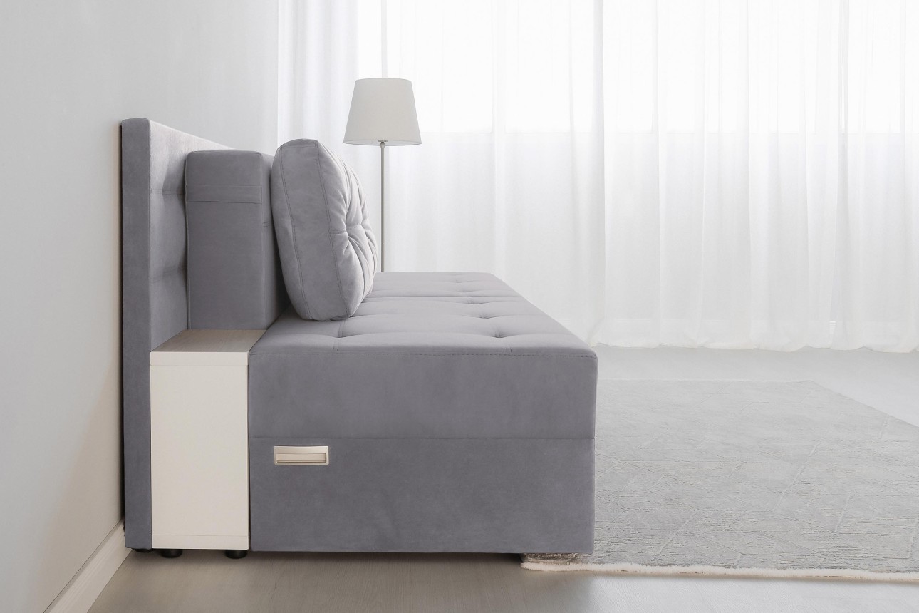 Canapea extensibilă MADRID, cu ladă de depozitare, noptiere integrate, mecanism de extindere „foarfece”, 2350x1050x1000 mm, spațiu de dormit 1550x2050 mm.