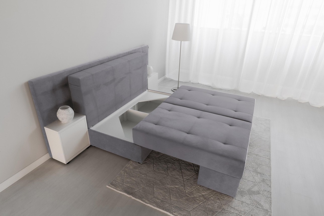 Canapea extensibilă MADRID, cu ladă de depozitare, noptiere integrate, mecanism de extindere „foarfece”, 2350x1050x1000 mm, spațiu de dormit 1550x2050 mm.