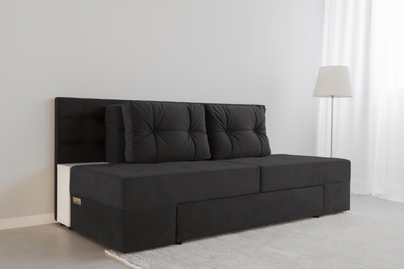 Canapea extensibilă MADRID, cu ladă de depozitare, noptiere integrate, mecanism de extindere „foarfece”, 2350x1050x1000 mm, spațiu de dormit 1550x2050 mm.