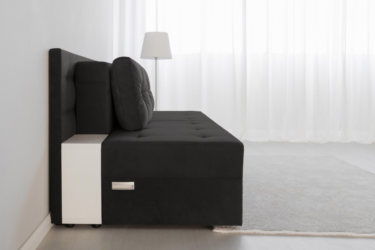 Canapea extensibilă MADRID, cu ladă de depozitare, noptiere integrate, mecanism de extindere „foarfece”, 2350x1050x1000 mm, spațiu de dormit 1550x2050 mm.