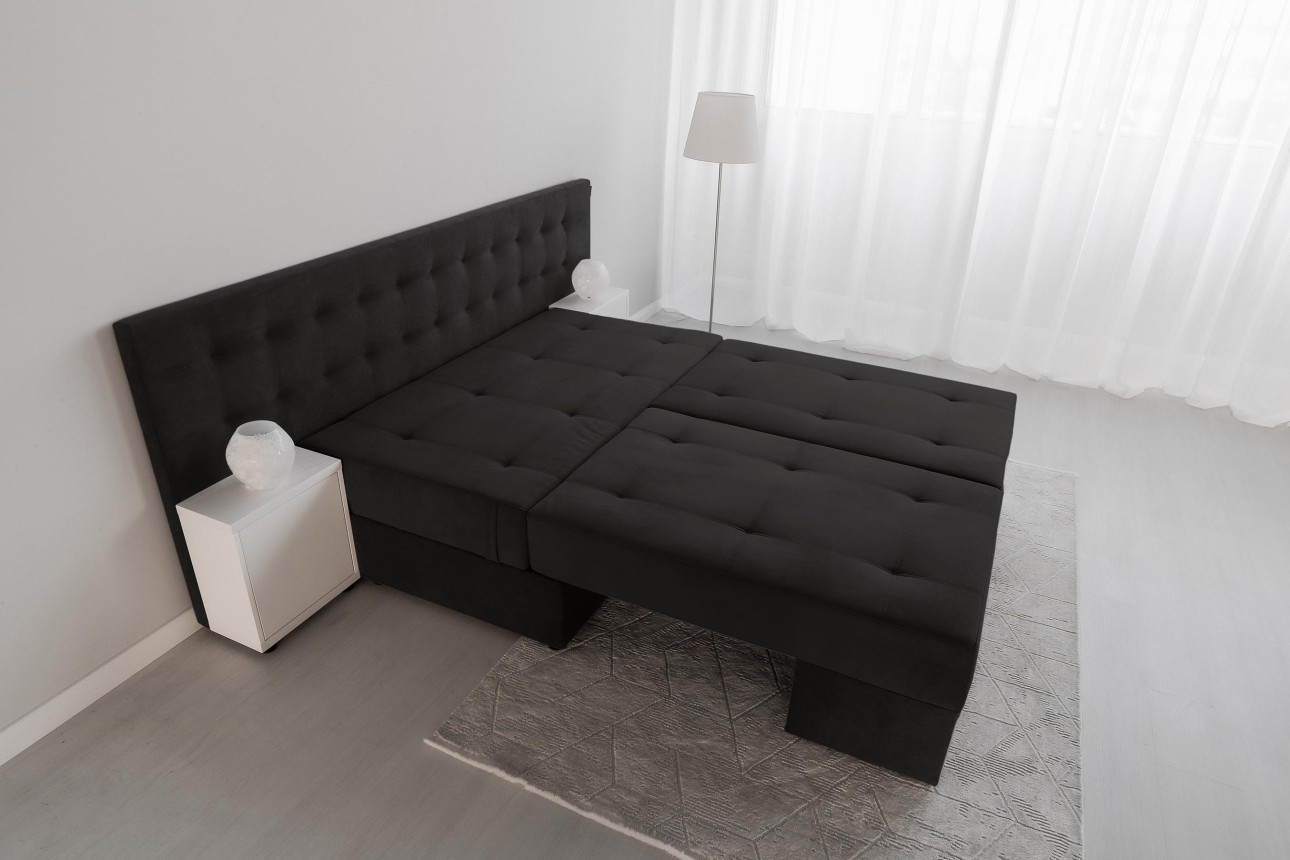 Canapea extensibilă MADRID, cu ladă de depozitare, noptiere integrate, mecanism de extindere „foarfece”, 2350x1050x1000 mm, spațiu de dormit 1550x2050 mm.