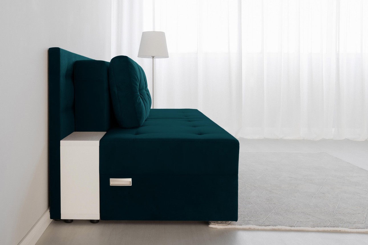Canapea extensibilă MADRID, cu ladă de depozitare, noptiere integrate, mecanism de extindere „foarfece”, 2350x1050x1000 mm, spațiu de dormit 1550x2050 mm.