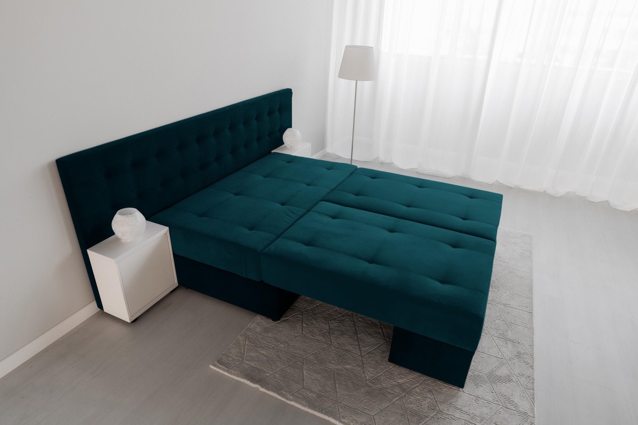 Canapea extensibilă MADRID, cu ladă de depozitare, noptiere integrate, mecanism de extindere „foarfece”, 2350x1050x1000 mm, spațiu de dormit 1550x2050 mm.