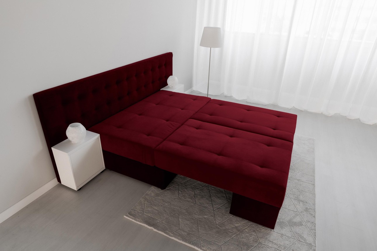 Canapea extensibilă MADRID, cu ladă de depozitare, noptiere integrate, mecanism de extindere „foarfece”, 2350x1050x1000 mm, spațiu de dormit 1550x2050 mm.