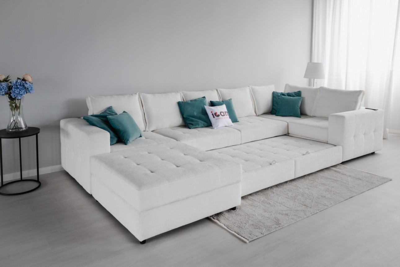Colțar modular STONE (ansamblul 9), extensibil, ladă de depozitare, spațiu de dormit 2000x2000