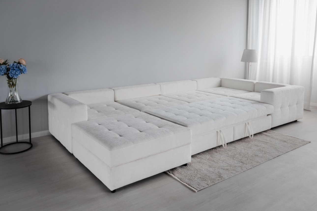 Colțar modular STONE (ansamblul 9), extensibil, ladă de depozitare, spațiu de dormit 2000x2000