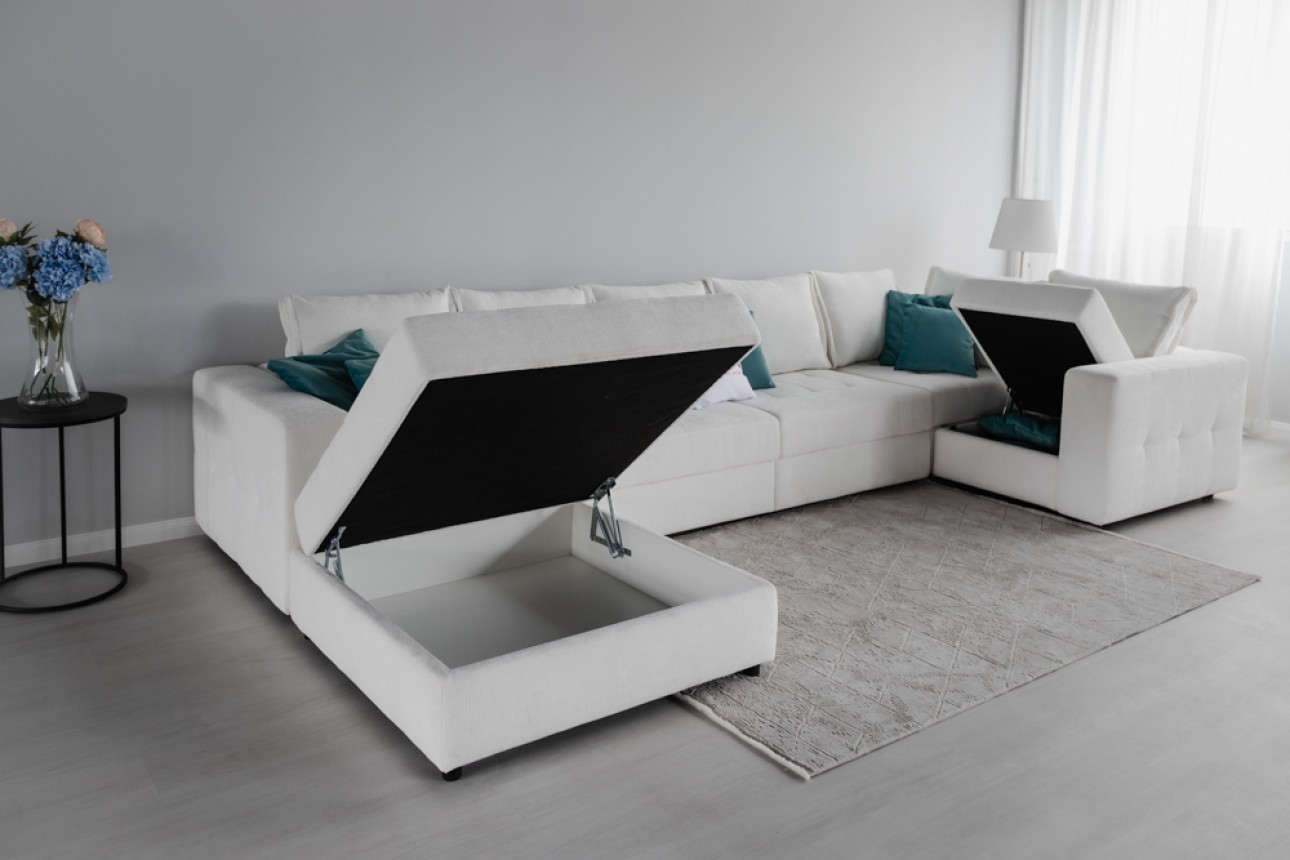 Colțar modular STONE (ansamblul 9), extensibil, ladă de depozitare, spațiu de dormit 2000x2000