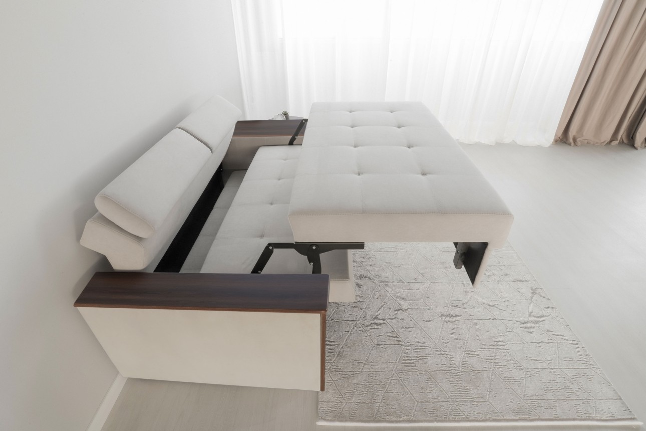 Canapea extensibilă PALERMO 1600, cotiere cu spațiu de depozitare și minibar, 2200x1000x780 mm, suprafața dormit 1600x2020 mm